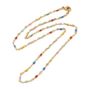Colorful Enamel Oval & Dapped Link Chain Necklace, Ion Plating(IP) 304 Stainless Steel Jewelry for Women, Golden, 17.64 inch(44.8cm)