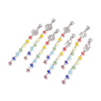 Chakra Theme Sun Catcher Pendant Decorations, Electroplate Glass & Zinc Alloy Lobster Claw Clasps, Mixed Shapes, Colorful, 108mm, 7pcs/set