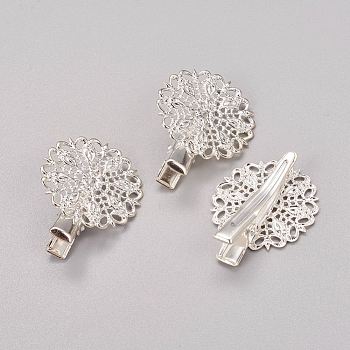 Iron Alligator Hair Clip Findings, with Brass Filigree Flower Tray, Silver Color Plated, 35x25x10mm