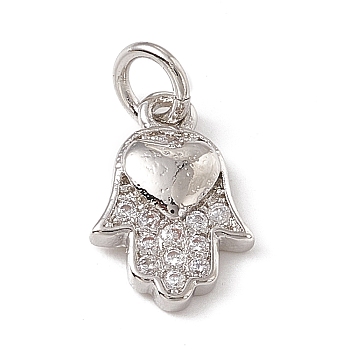 Brass Micro Pave Cubic Zirconia Charm, with Jump Rings, Hamsa Hand with Heart Charm, Platinum, 12x8x2.5mm, Hole: 2.7mm
