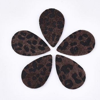 PU Leather Big Pendants, with Faux Horsehair Fur, teardrop, with Leopard Print Pattern, Coconut Brown, 57.5x37x2mm, Hole: 1.8mm