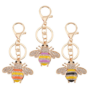 3Pcs 3 Colors Enamel Bumble Bee Keychains, Crystal Rhinestone Keychains, with Alloy Findings, Mixed Color, 10.4cm, 1pc/color