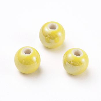 Handmade Porcelain Beads, Pearlized, Round, Yellow, 12mm, Hole: 2~3mm