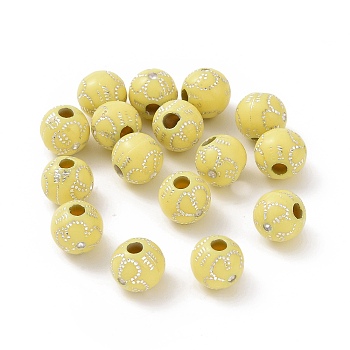 Plating Acrylic Beads, Silver Metal Enlaced, Round with Flower, Yellow, 8mm, Hole: 2.2mm, about 1870pcs/500g