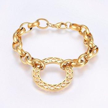 304 Stainless Steel Charm Bracelets, with Lobster Claw Clasps, Ring, Golden, 8-5/8 inch(22cm), 10mm