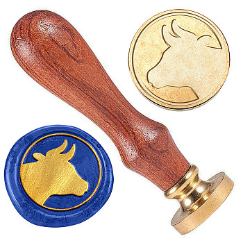 Golden Plated Brass Sealing Wax Stamp Head, with Wood Handle, for Envelopes Invitations, Gift Cards, Cattle, 83x22mm, Head: 7.5mm, Stamps: 25x14.5mm