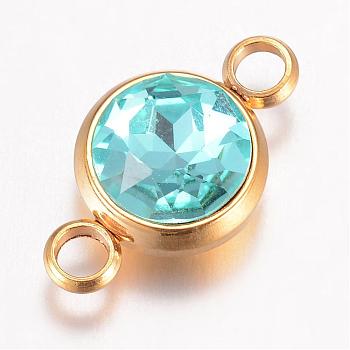 K9 Glass Links connectors, Faceted, with 304 Stainless Steel Findings, Ion Plating (IP), Flat Round, Golden, Aquamarine, 17.5x10x6.5mm, Hole: 2.5mm