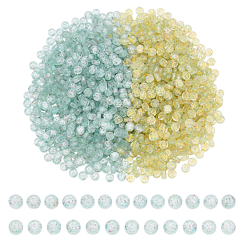 CHGCRAFT 2 Colors Plating Transparent Acrylic Beads, with Glitter Powder, Golden & Silver Metal Enlaced, Flat Round with Letter, Mixed Color, 7x4mm, Hole: 1.5mm, about 584pcs/color, about 1168pcs/box