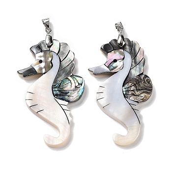 Natural Paua Shell & Black Lip Shell & White Shell Pendants, Sea Horse Charms with Stainless Steel Color Tone Stainless Steel Snap on Bails, 59x35x4mm, Hole: 6.5x4.2mm