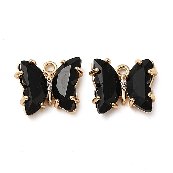 Brass with Glass Pendants, Butterfly, Black, 10x12x4mm, Hole: 1.2mm