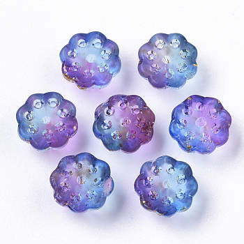 Two Tone Transparent Spray Painted Glass Beads, with Golden Foil, Seedpod of the Lotus, Violet, 11x6mm, Hole: 1.4mm