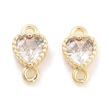 Brass Pave Clear Cubic Zirconia Connector Charms, Heart Links, Real 18K Gold Plated, 8x5x2.5mm, Hole: 0.9mm