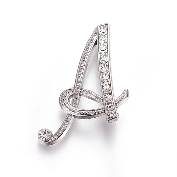 Alloy Brooches, with Rhinestone, Letter, Letter.A, Platinum, 45x36x4mm, Pin: 1mm