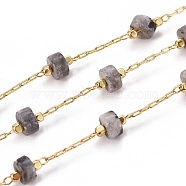 Handmade Natural Labradorite Beaded Chains, with Brass Chains, with Spool, Long-Lasting Plated, Soldered, Golden, 5.5~6mm, Llink: 5.5~6x4~4.5mm and 2x1x0.2mm, about 32.8 Feet(10m)/roll(CHC-E019-02C)