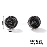 Chic Brass Cubic Zirconia Stud Earrings, Fashionable and Versatile Accessories, Flat Round, Black, 10x10mm(ZD1304-12)