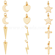 12Pcs 6 Style Brass Pendants, with Jump Ring, Long-Lasting Plated, Moon & Heart & Star & Cross & Lightning Bolt & Triangle, Real 18K Gold Plated, 11.5~20x6~10x1~1.5mm, Hole: 3mm, 2pcs/style(KK-FH0005-59)