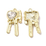 Glass Heart Key Pendants, with Light Gold Alloy Finding, Long-Lasting Plated, Cadmium Free & Lead Free, Clear, 28x15x5mm, Hole: 2mm(PALLOY-E024-29LG-01)