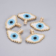 Handmade Japanese Seed Beads Pendants, with Japan Import Thread, Loom Pattern, Eye, Light Blue, 24x28.5~29x2mm, Hole: 3mm(X-SEED-L008-005)