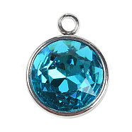 K9 Glass Rhinestone Pendants, December Birthstone Charms, with 304 Stainless Steel Findings, Flat Round, Pale Turquoise, 18x14x9mm, Hole: 2.5mm(STAS-F123-26B)