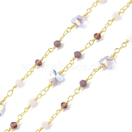 Butterfly & Round Glass Beaded Chains, Faceted, Unwelded, with Brass Chains, Golden, Lilac, 13~19x4~8x4~5mm(CHS-P016-38G-07)