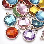 UV Plating Acrylic Pendants, with Acrylic Rhinestone, Faceted, Flat Round, Light Gold, Mixed Color, 22x18x5.5mm, Hole: 2mm(OACR-T005-88KC)