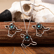 Cattle Head Alloy & Synthetic Turquoise Pendant Necklaces & Dangle Earrings Sets, Antique Silver, 460mm(FS-WG21DDF-01)