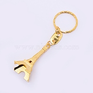 Zinc Alloy Keychain, with Split Key Rings and Eiffel Tower Shape Iron Pendants, Golden, 98mm, Tower: 30x49x22mm(KEYC-WH0019-04G)