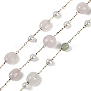 Ion Plating(IP) 304 Stainless Steel Paperclip Chains, with Natural Morganite Beaded and ABS Plastic Pearl, Real 18K Gold Plated, 11x7x4x5mm, about 32.81 Feet(10m)/Roll(CHS-D037-01O)