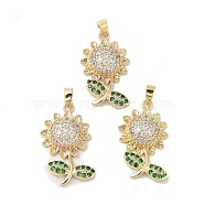 Sunflower Charms Rack Plating Brass Micro Pave Clear Cubic Zirconia Pendants, Long-Lasting Plated, Cadmium Free & Lead Free, Real 18K Gold Plated, 28x16x5mm, Hole: 2.5x4.5mm(KK-G482-16G)