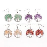 Dangle Earrings, with Natural Gemstone Beads and Brass Hooks, Ring with Tree of Life, 50mm, Pin: 0.6mm(EJEW-N0030-M)
