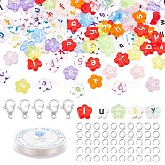 Nbeads 400Pcs Flower with Letter Acrylic Beads, Zinc Alloy Lobster Claw Clasps, Elastic Crystal Thread and Iron Jump Rings, for DIY Pendants/Bracelets Jewelry Making Kits, Mixed Color, 6~12x11x4~5mm, hole: 1.5~2mm(DIY-NB0005-91)