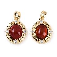 Natural Carnelian(Dyed & Heated) Oval Pendants, Brass Clear Cubic Zirconia Charms, Real 18K Gold Plated, 19x15.5x5.5mm, Hole: 4.5x2.5mm(KK-P283-42A-G)