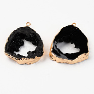 Druzy Resin Pendants, Imitation Geode Druzy Agate Slices, with Edge Light Gold Plated Iron Loops, Nuggets, Black, 38~39x32.5~33.5x7~8mm, Hole: 1.6mm(RESI-R428-024D)