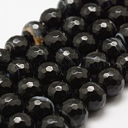 Faceted Natural Striped Agate/Banded Agate Beads Strands, Round, Dyed & Heated, Black, 6mm, Hole: 1mm, about 60pcs/strand, 14.76~14.96 inch(37.5~38cm)(G-F447-6mm-H05)
