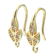 Brass Micro Pave Clear Cubic Zirconia Earring Hooks, Ear Wire, Leaf, Real 24K Gold Plated, 16.5x5.5x9mm, Hole: 1.4mm, 18 Gauge, Pin: 1mm(KK-R149-19G)