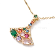 Colorful Cubic Zirconia Pendant Necklace, Golden 304 Stainless Steel Jewelry for Women, Fan, 16.14 inch(41cm)(NJEW-F307-02B)