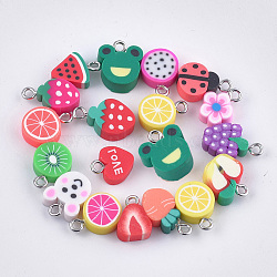 Handmade Polymer Clay Pendants, with Iron Findings, Mixed Shapes, Platinum, Mixed Color, 12~17x8.5~11x4~5mm, Hole: 1.8mm(CLAY-S091-104)