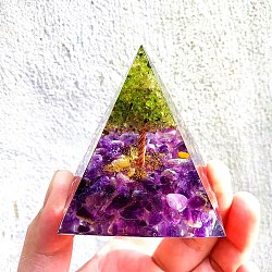 Orgonite Pyramid, Resin Pointed Home Display Decorations, with Natural Amethyst & Peridot Chips and Metal Findings inside, for Home Office Desk, 60x60mm(PW23041996183)