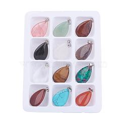 Natural & Synthetic Mixed Gemstone Pendants, with Brass Clasps, Teardrop, Mixed Color, 28x17x5mm, Hole: 6x2mm, 12pcs/box(X-G-S045-9-B)