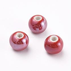 Handmade Porcelain Beads, Pearlized, Round, Red, 8mm, Hole: 2mm(PORC-D001-8mm-15)