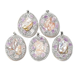Baroque Natural Freshwater Shell Polymer Clay Rhinestone Big Pendants, Oval Charms with Platinum Plated Brass Snap on Bails, White, 52~54x40x10~13mm, Hole: 7x4mm(BSHE-P033-14B)
