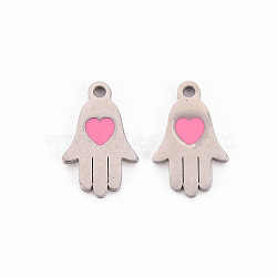 304 Stainless Steel Enamel Charms, Stainless Steel Color, Hamsa Hand/Hand of Miriam, Hot Pink, 15x9.5x1mm, Hole: 1.5mm(STAS-Q242-037A)