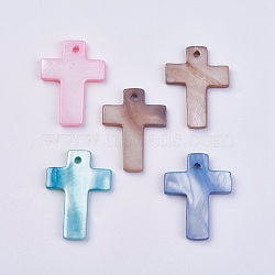 Shell Pendants, Dyed, Cross, Mixed Color, 22~23x17~19x2mm, Hole: 1.5mm(BSHE-P026-02)