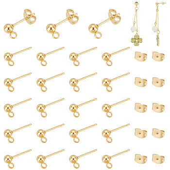 Elite 80Pcs 316 Surgical Stainless Steel Stud Earring Findings, Ball Stud Earring Post, with Vertical Loop and 80Pcs 304 Stainless Steel Ear Nuts, Real 18K Gold Plated, 15x7mm, Hole: 2mm, Pin, 0.8mm