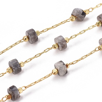 Handmade Natural Labradorite Beaded Chains, with Brass Chains, with Spool, Long-Lasting Plated, Soldered, Golden, 5.5~6mm, Llink: 5.5~6x4~4.5mm and 2x1x0.2mm, about 32.8 Feet(10m)/roll