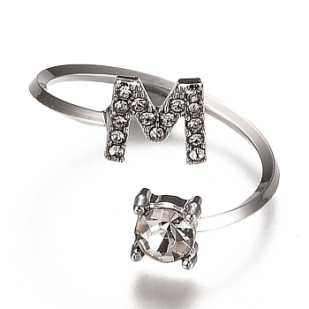Alloy Cuff Rings, Open Rings, with Crystal Rhinestone, Platinum, Letter.M, US Size 7 1/4(17.5mm)