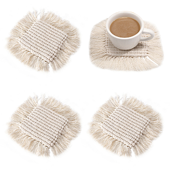 CHGCRAFT Hand-Woven Cotton Rope Placemat Simple Tassel Coasters, for Cups, Square, PeachPuff, 185x185x11.5mm