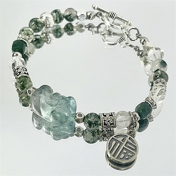 Natural Gemstone Double Layer Wrap Bracelet, Pixiu Bracelet with Chinese Character Charms, Word