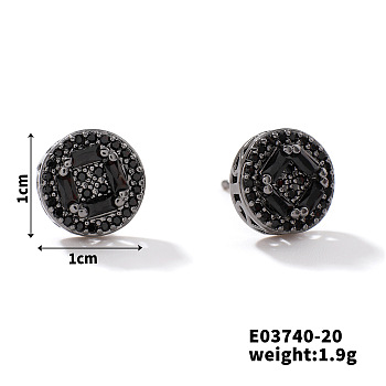 Chic Brass Cubic Zirconia Stud Earrings, Fashionable and Versatile Accessories, Flat Round, Black, 10x10mm