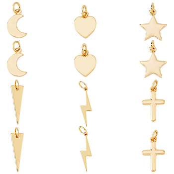 12Pcs 6 Style Brass Pendants, with Jump Ring, Long-Lasting Plated, Moon & Heart & Star & Cross & Lightning Bolt & Triangle, Real 18K Gold Plated, 11.5~20x6~10x1~1.5mm, Hole: 3mm, 2pcs/style